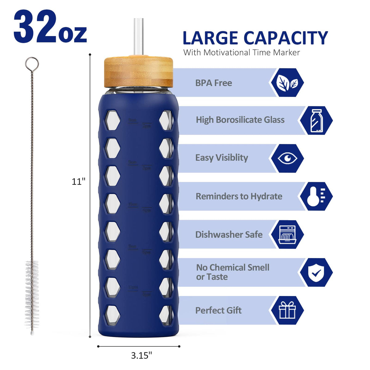 MUKOKO glass bottle with bamboo straw lid for easy sipping at home or office