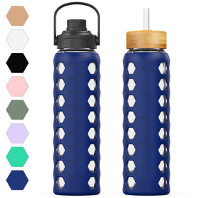 MUKOKO 32oz glass bottle with dual lids for versatile hydration on the go