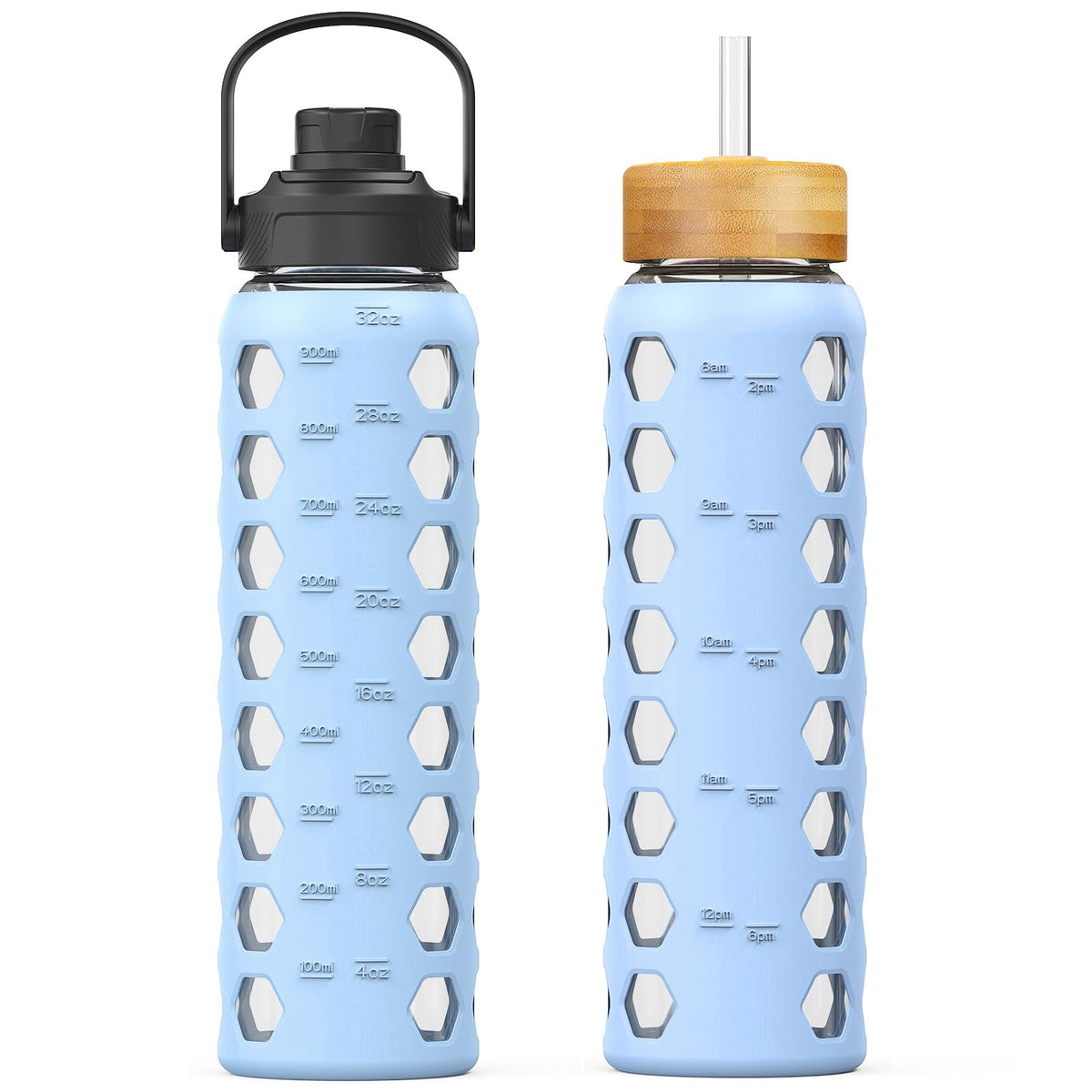 MUKOKO glass bottle with bamboo straw lid for easy on-the-go hydration.