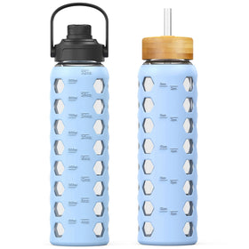 MUKOKO glass bottle with bamboo straw lid for easy on-the-go hydration.