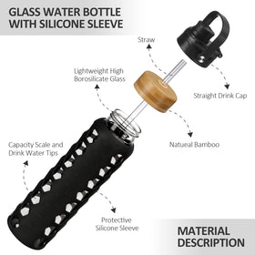 MUKOKO time marker glass bottle demonstrated for tracking hydration at desk or gym.
