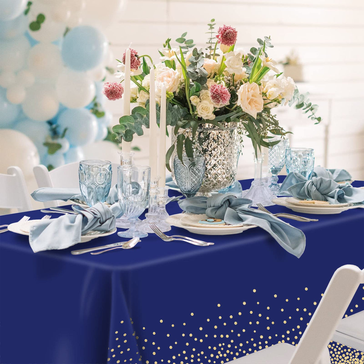 Navy blue Mulbozy tablecloth draped over a banquet table