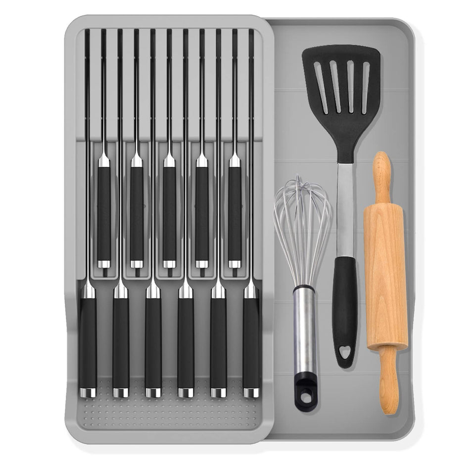 Mulikeer expandable drawer knife organizer with slots for 11 knives, keeping drawers neat and accessible.
