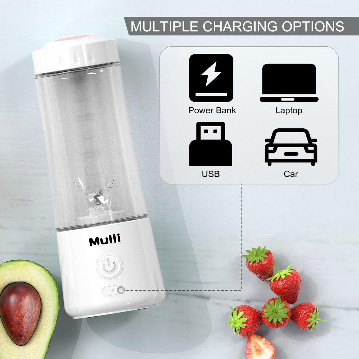 Mulli blender charging port and USB setup in use