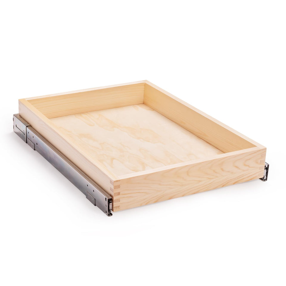 Mulush soft-close slide-out drawer shown in a kitchen cabinet for quiet organization.