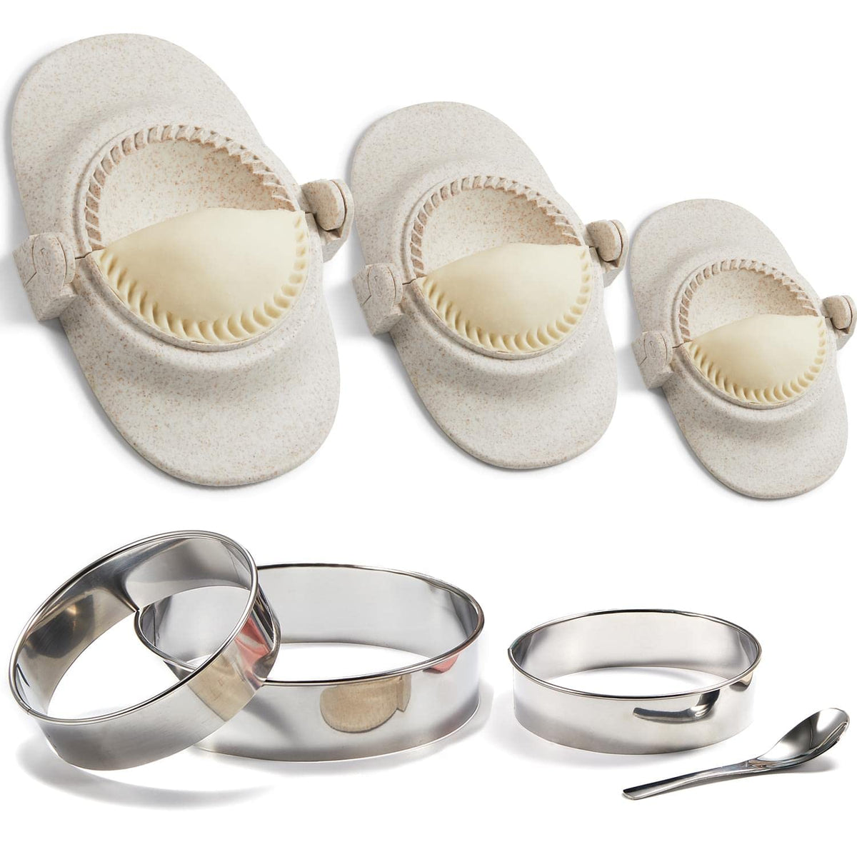 MUMSUNG dumpling maker set in counter showing three sizes for quick batch prep.