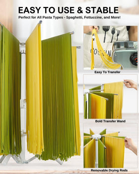 MUMSUNG rack shows 11 stainless steel arms for large-capacity pasta drying.