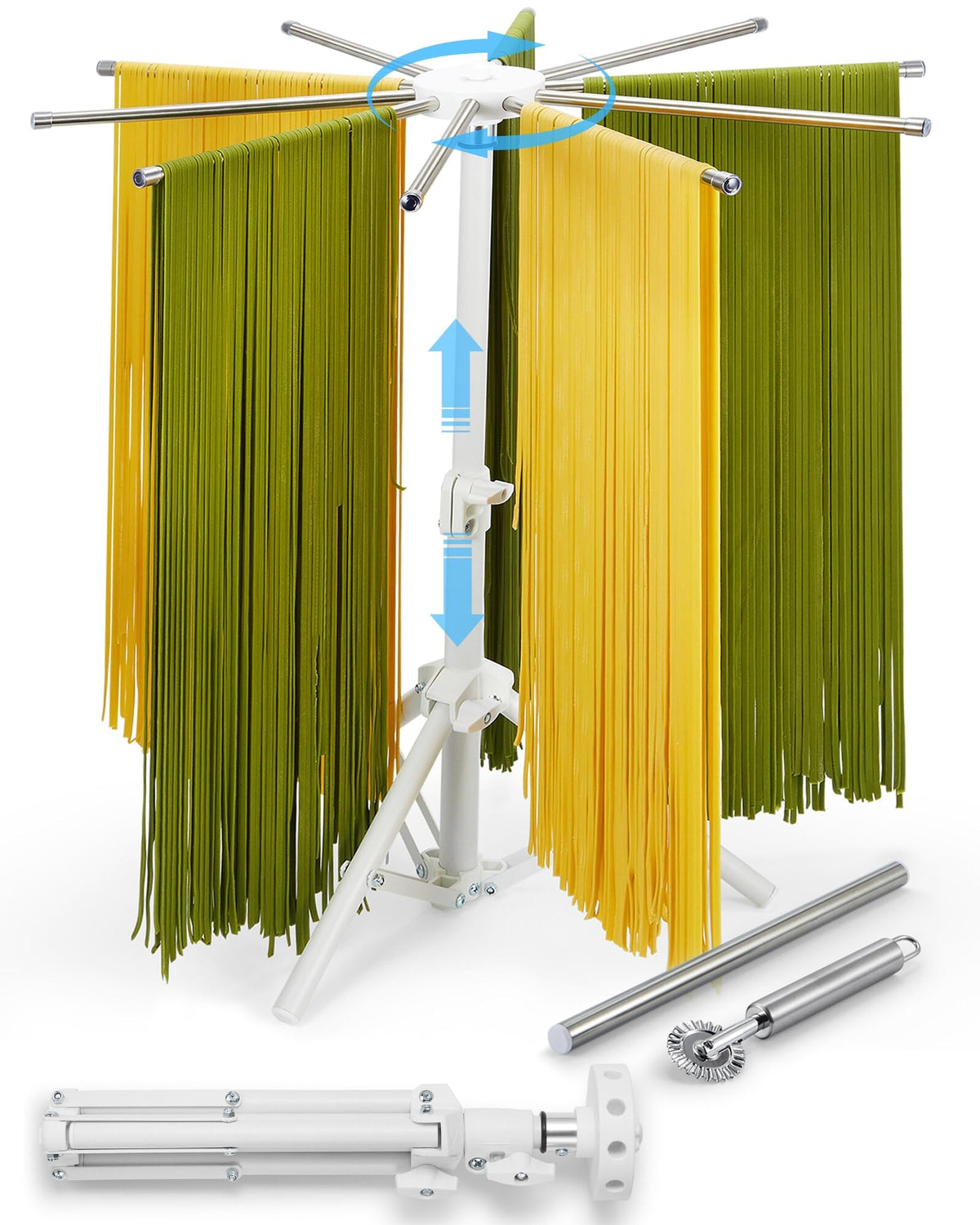 MUMSUNG pasta drying rack with 360° rotating top for easy access while drying.