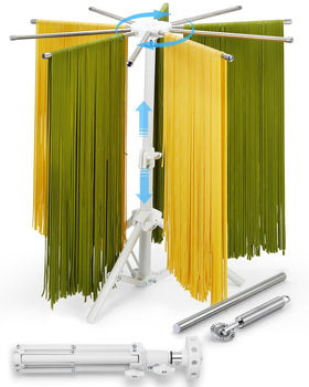 MUMSUNG pasta drying rack with 360° rotating top for easy access while drying.