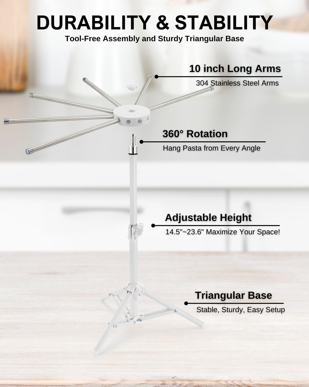 MUMSUNG rust-resistant, dishwasher-safe arms simplify cleaning after use.