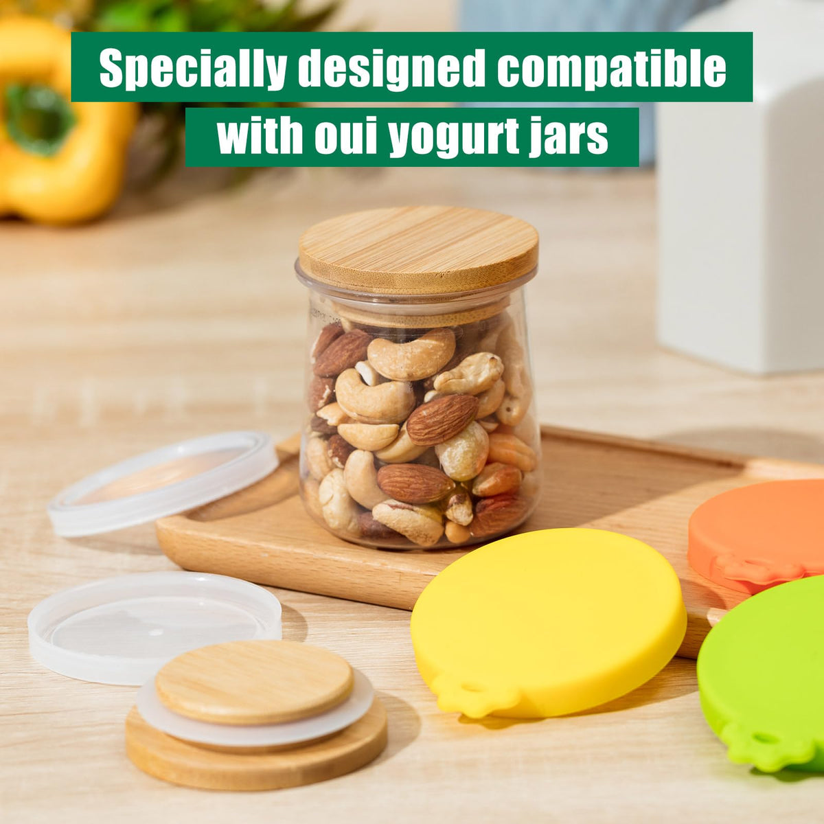 Mumufy lids in different diameters fit Oui yogurt jars.