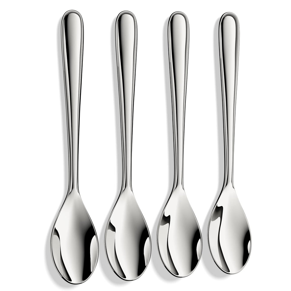 Muncene demitasse spoon closeup shows mirror finish for refined coffee service.
