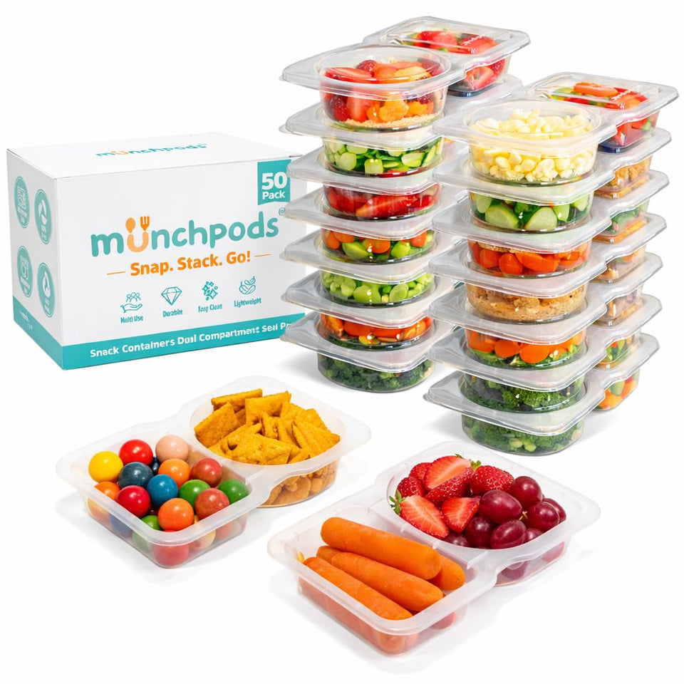 Munchpods two-compartment snack container with lids keeps snacks organized for school lunches.