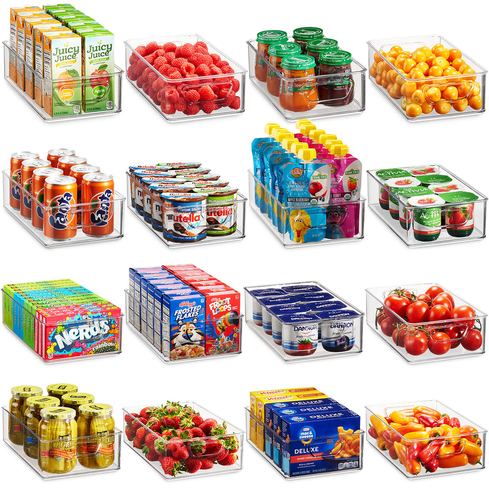 Munfix 16-piece fridge bin set with large bins for bulk pantry items and easy access.