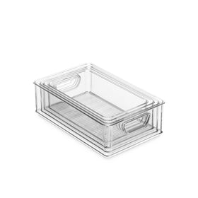 Munfix medium bins organize shelves and stack securely for compact storage.