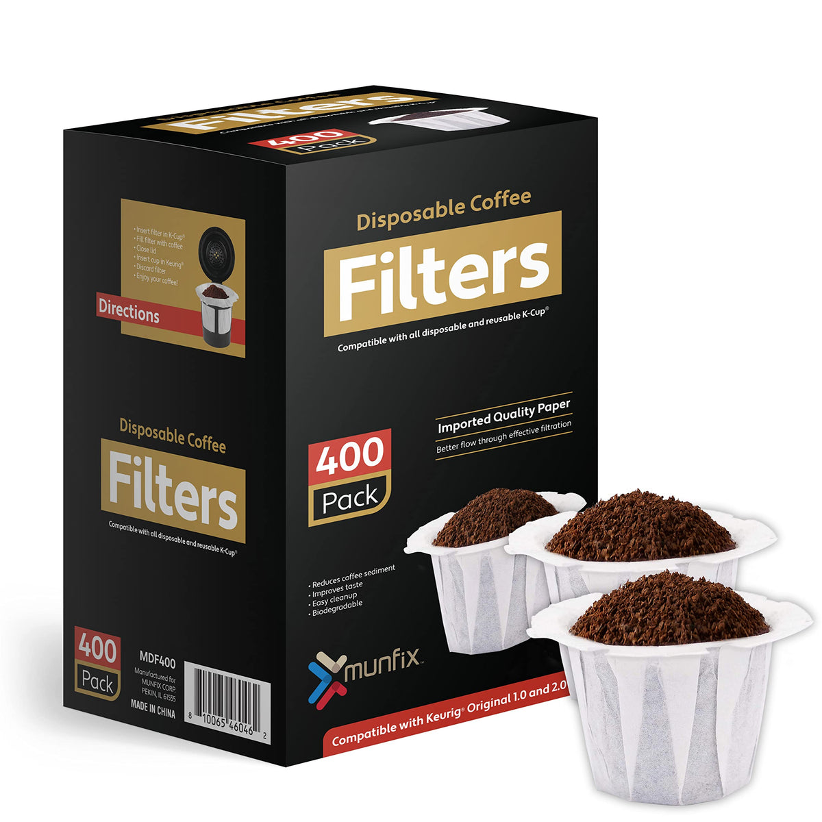 Munfix disposable coffee filters for Keurig; 400-count package for mess-free brewing.