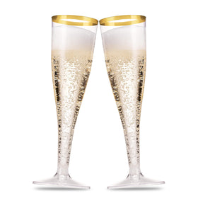 Munfix gold rim plastic champagne flute close-up for elegant events.