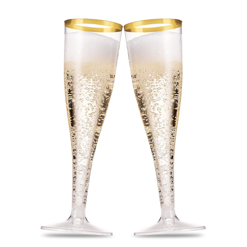 Munfix gold rim plastic champagne flute close-up for elegant events.
