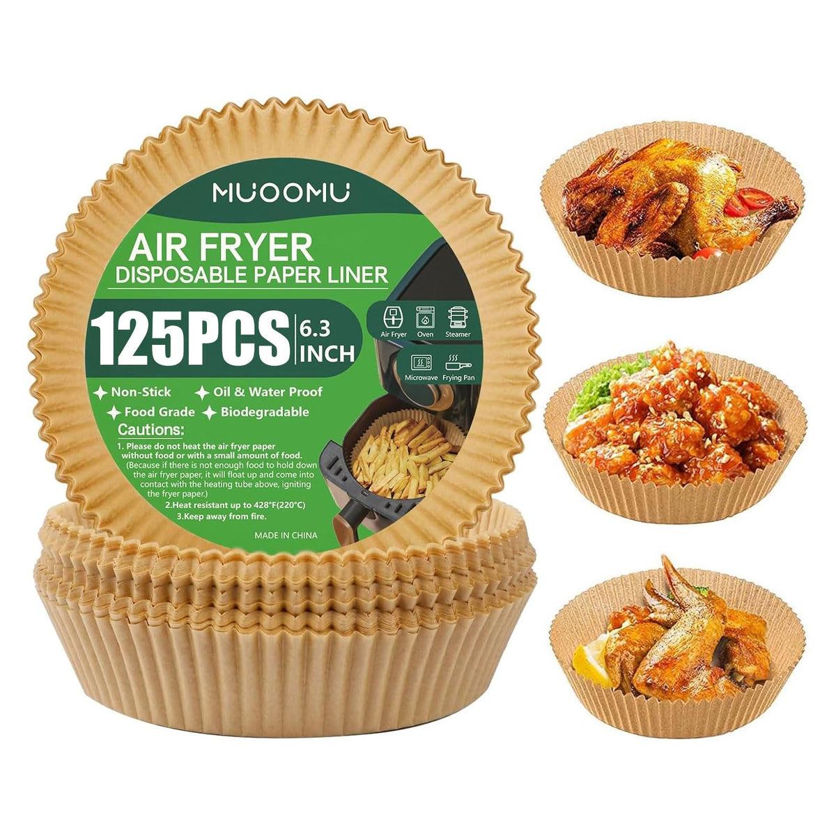 MUOOMU air fryer liner packaging for 125 sheets in 6.3-inch trays, ready to streamline cleanup.