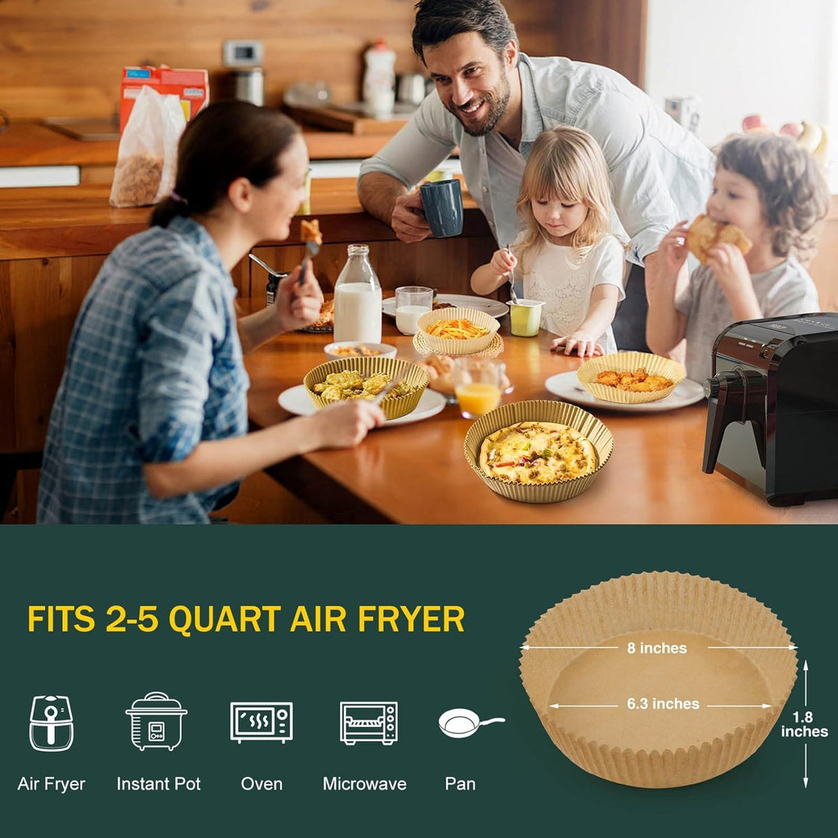 MUOOMU parchment liner set keeps air fryers clean between uses.