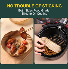 MUOOMU parchment paper in air fryer holding pizza and snacks for neat cooking.