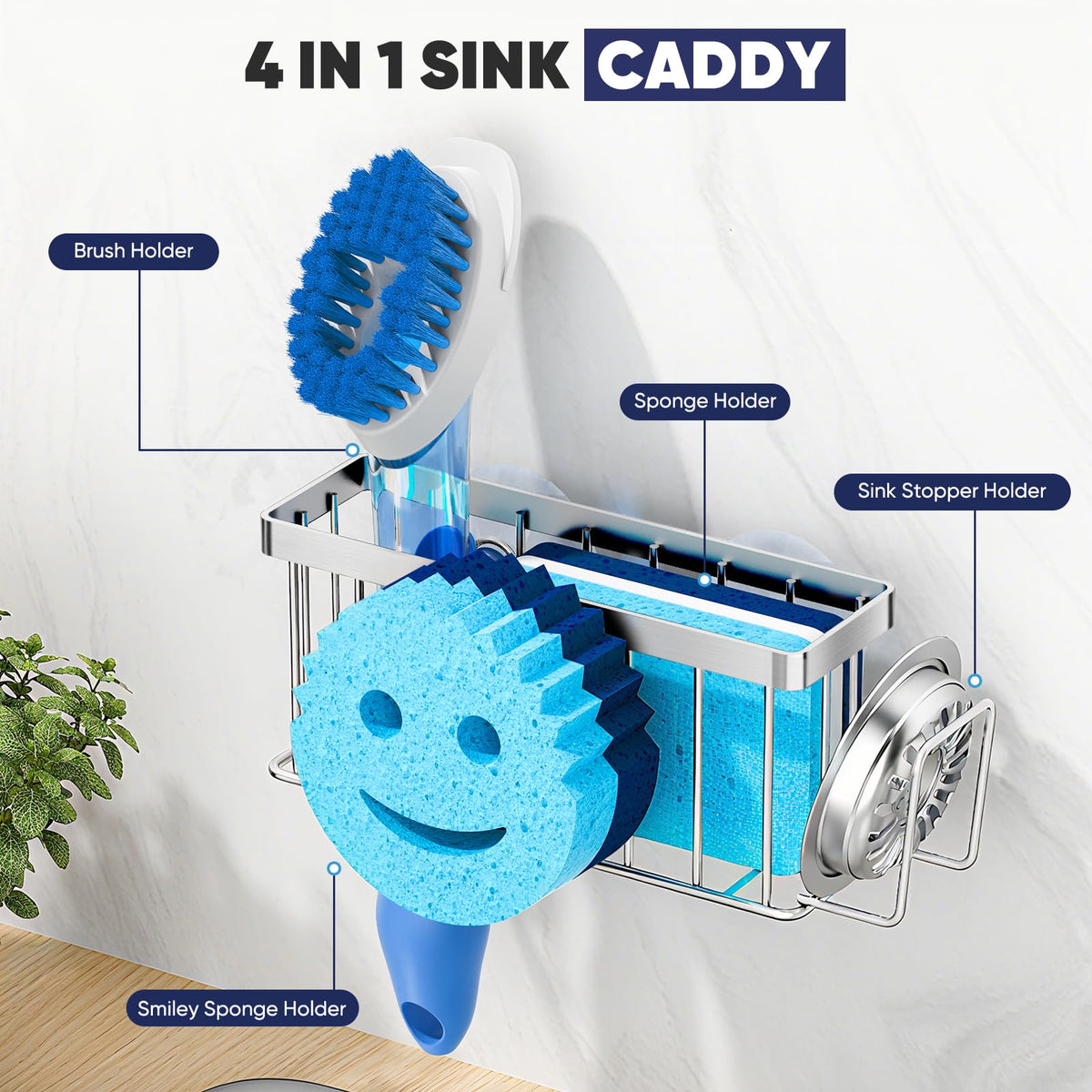 MURLONG built-in holder keeps sponge, scrubber, and stopper neatly organized.