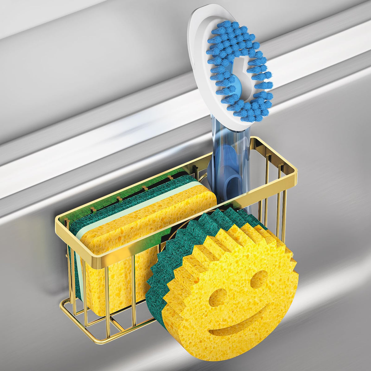 Murlong sponge holder with gold finish and smiley face, keeps sponge dry.