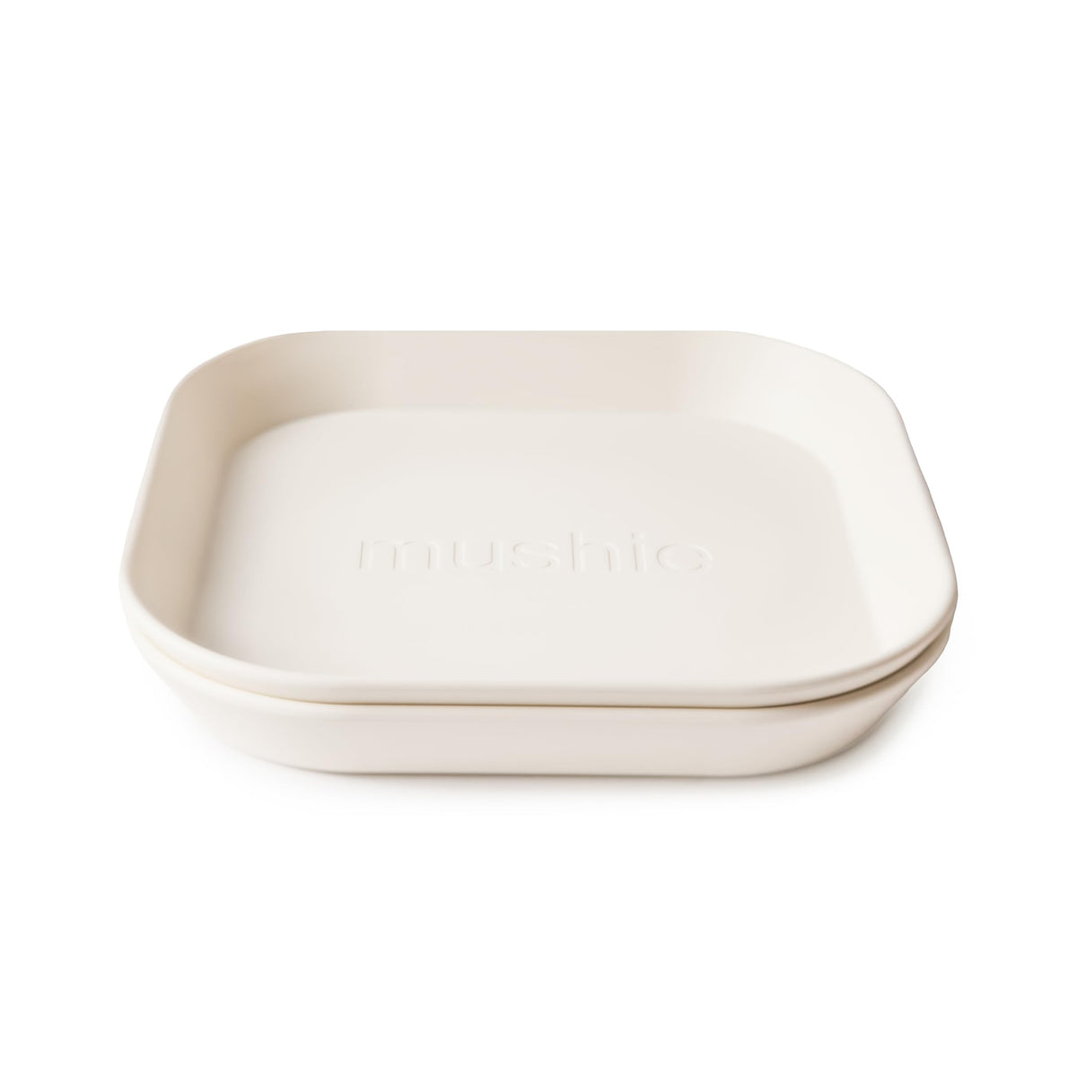 Mushie square ivory plates closeup surface showing smooth finish and clean lines