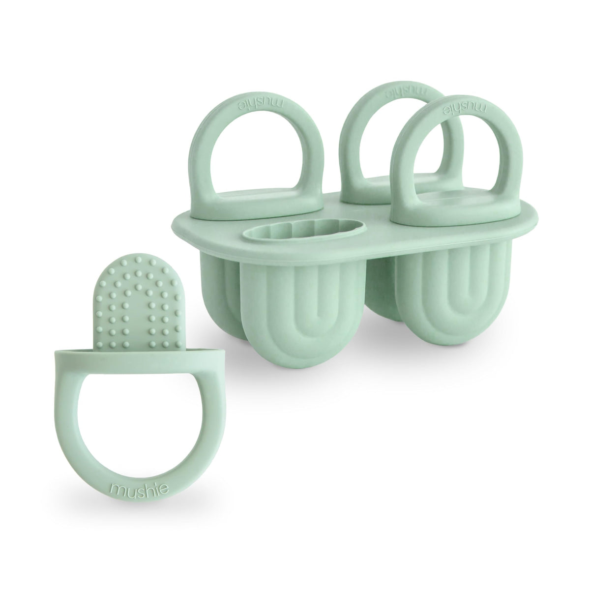 Mushie Toddler Ice Pop Tray with rainbow pops in Cambridge Blue for kid-friendly snacking.