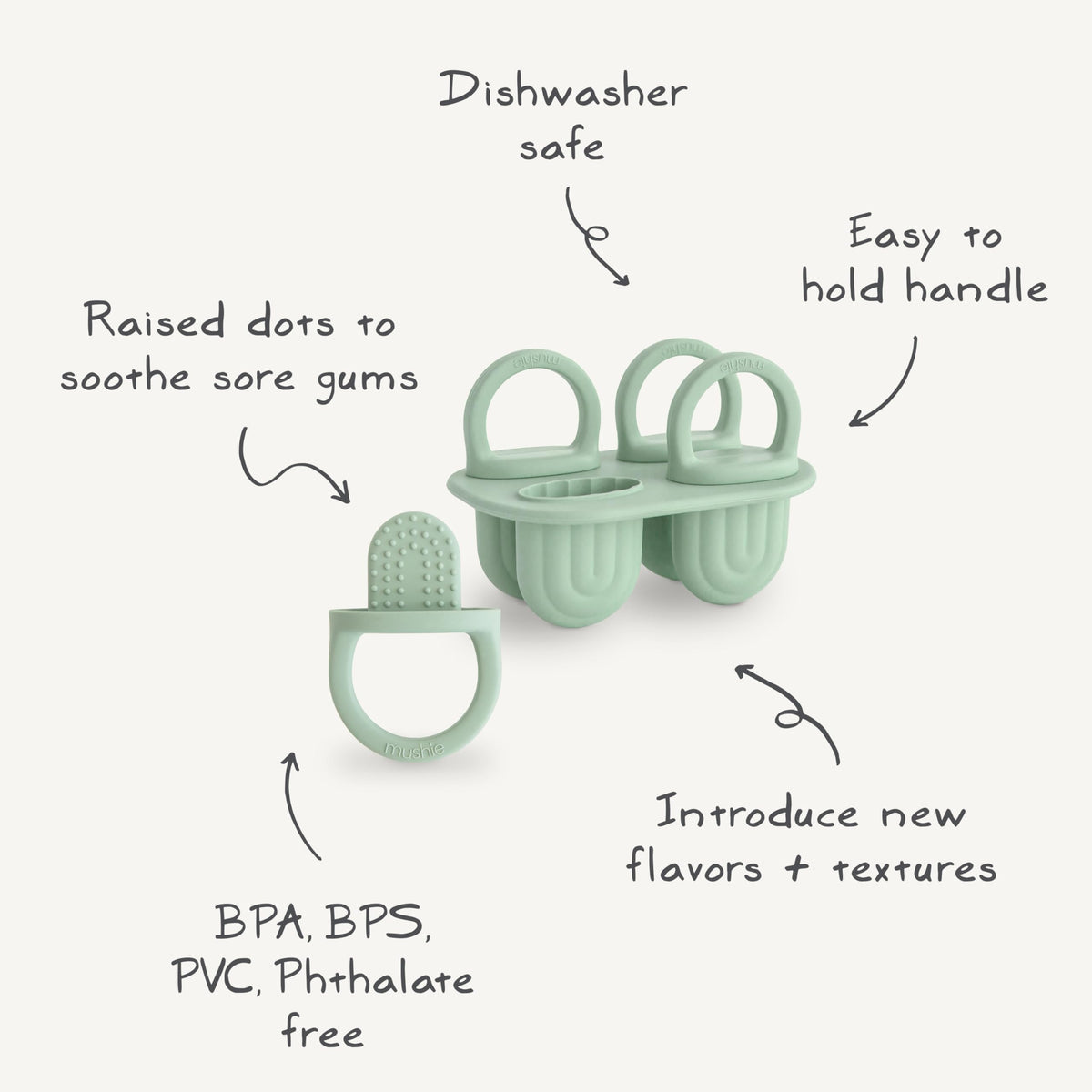 Mushie ice pop tray silicone handles help little hands grip easily during snack time.