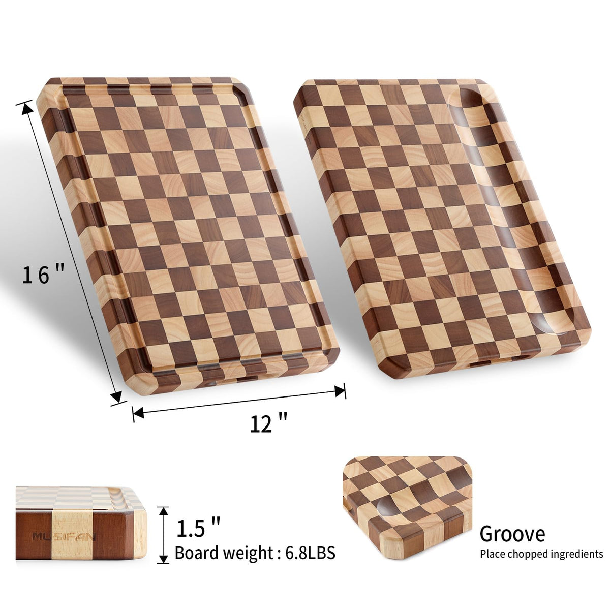Musifan Acacia cutting board close-up of hygienic, smooth surface.
