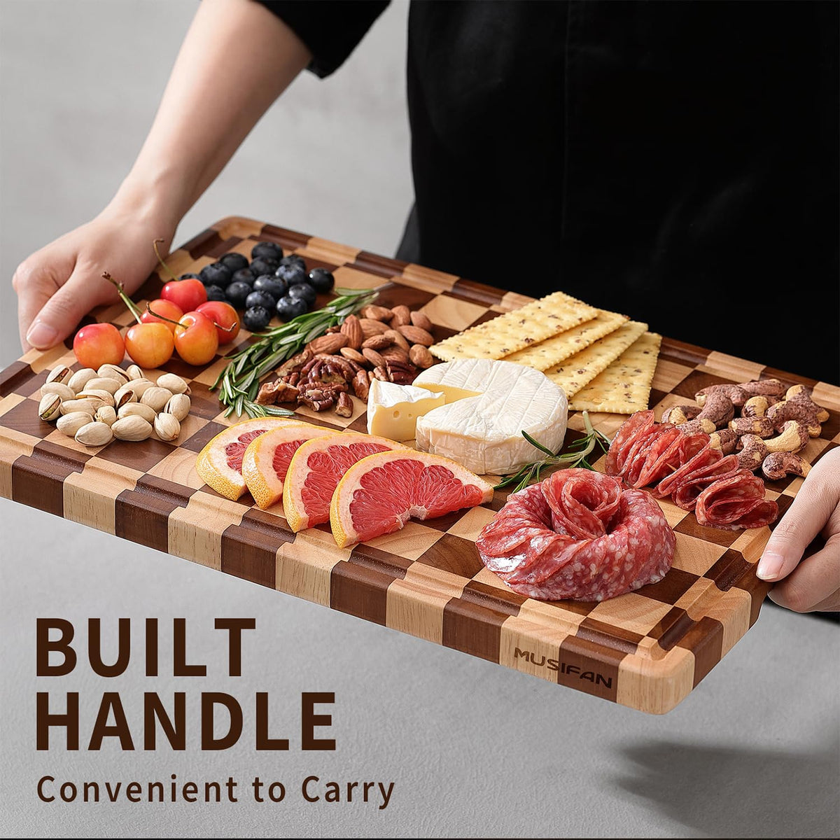 Musifan Acacia Wood Cutting Board used for cheese and fruit serving