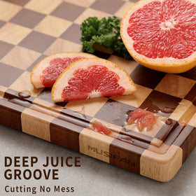 Musifan Acacia Wood Cutting Board stored on counter or hung for compact storage