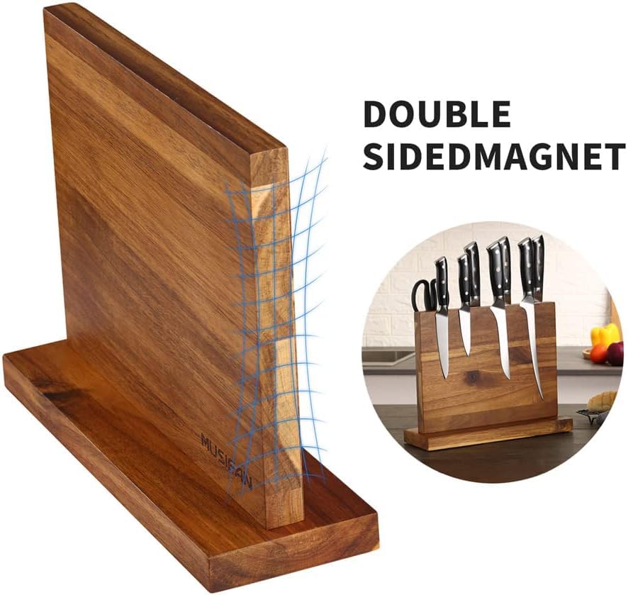 Musifan knives held by magnets on the block for secure organization.