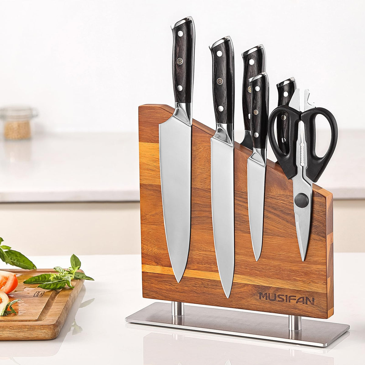 Musifan magnetic knife block without knives with dual sided magnets for secure blade storage.