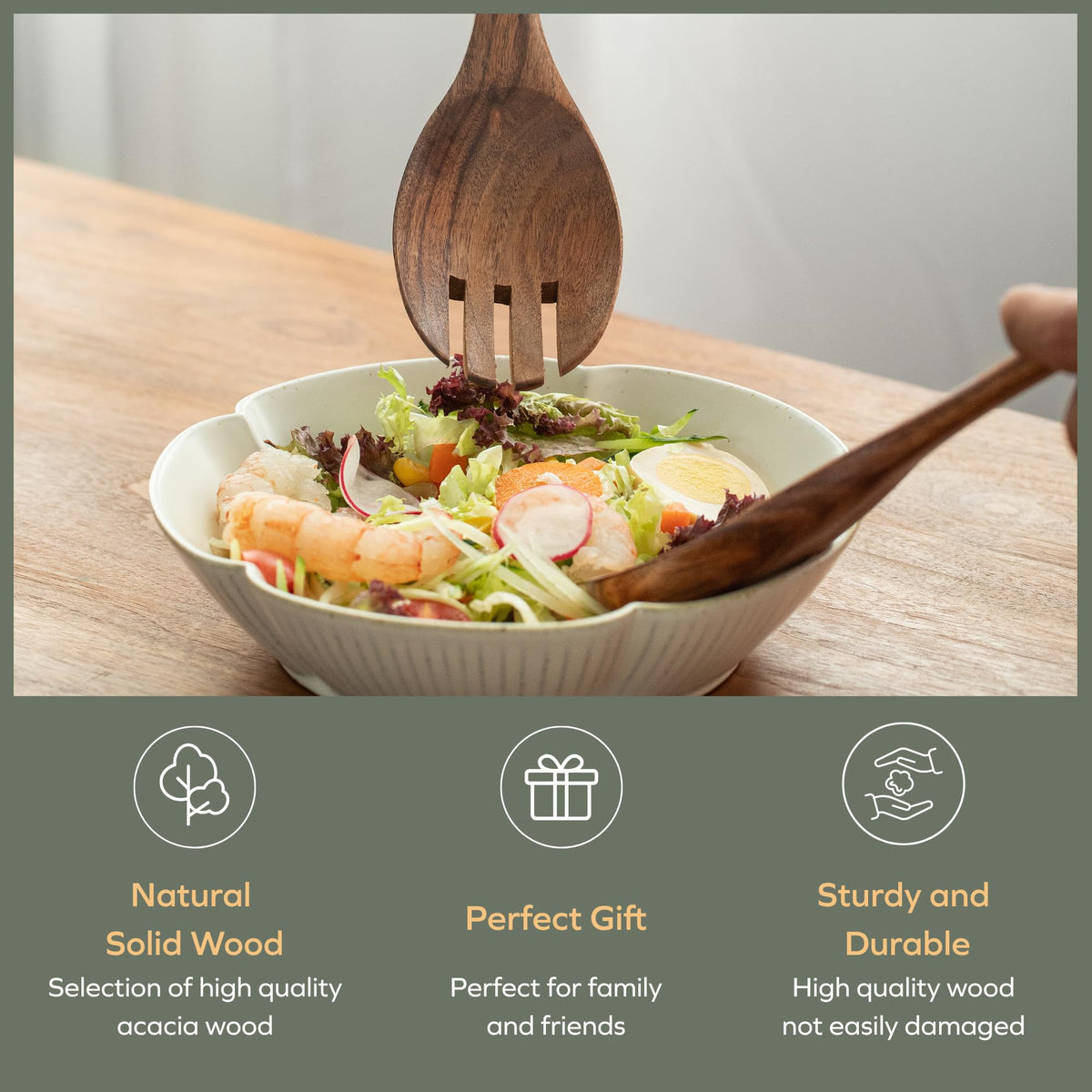 Muso Wood Acacia salad servers great for entertaining and daily meals.