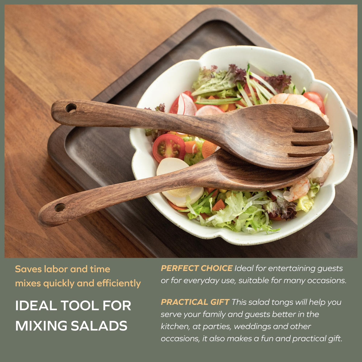 Muso Wood Acacia salad servers featuring ergonomic grip for effortless tossing.