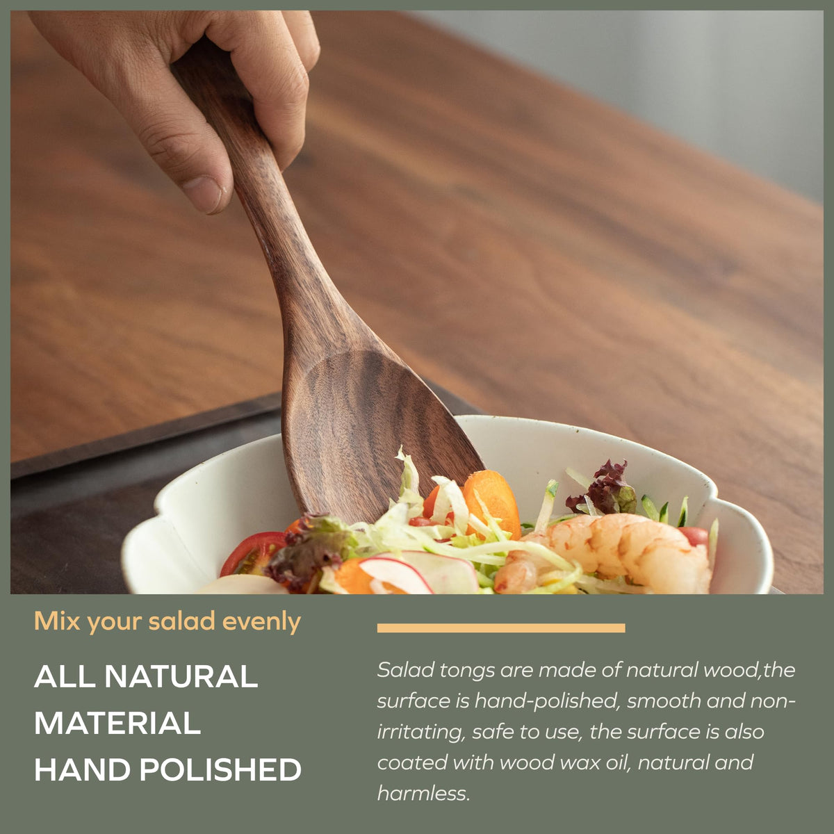 Muso Wood Acacia salad servers with hanging holes for easy storage.