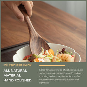 Muso Wood Acacia salad servers with hanging holes for easy storage.