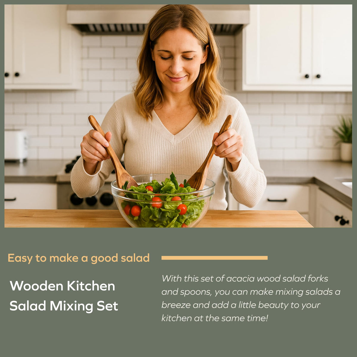 Muso Wood Acacia salad servers with natural wax oil finish for safe contact with foods.