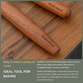 Muso Wood Sapele easy-clean rolling pin cleans quickly with water or damp cloth.