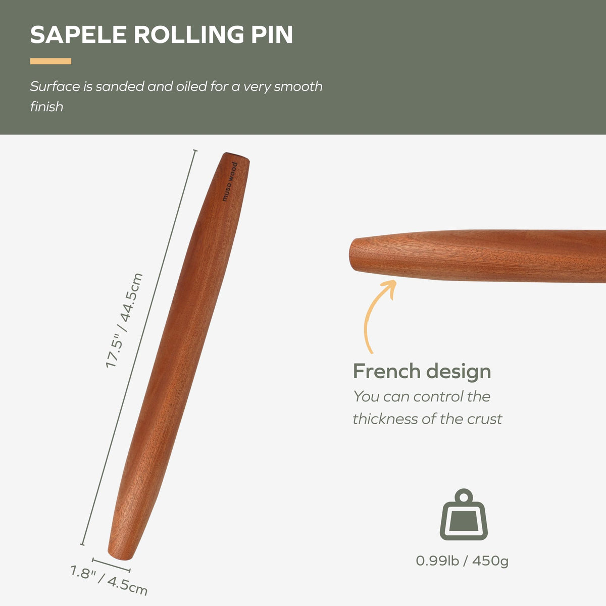 Muso Wood Sapele solid-wood rolling pin showing durable natural grain.