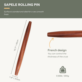 Muso Wood Sapele rolling pin tapered ends for easy handling and cleaning.