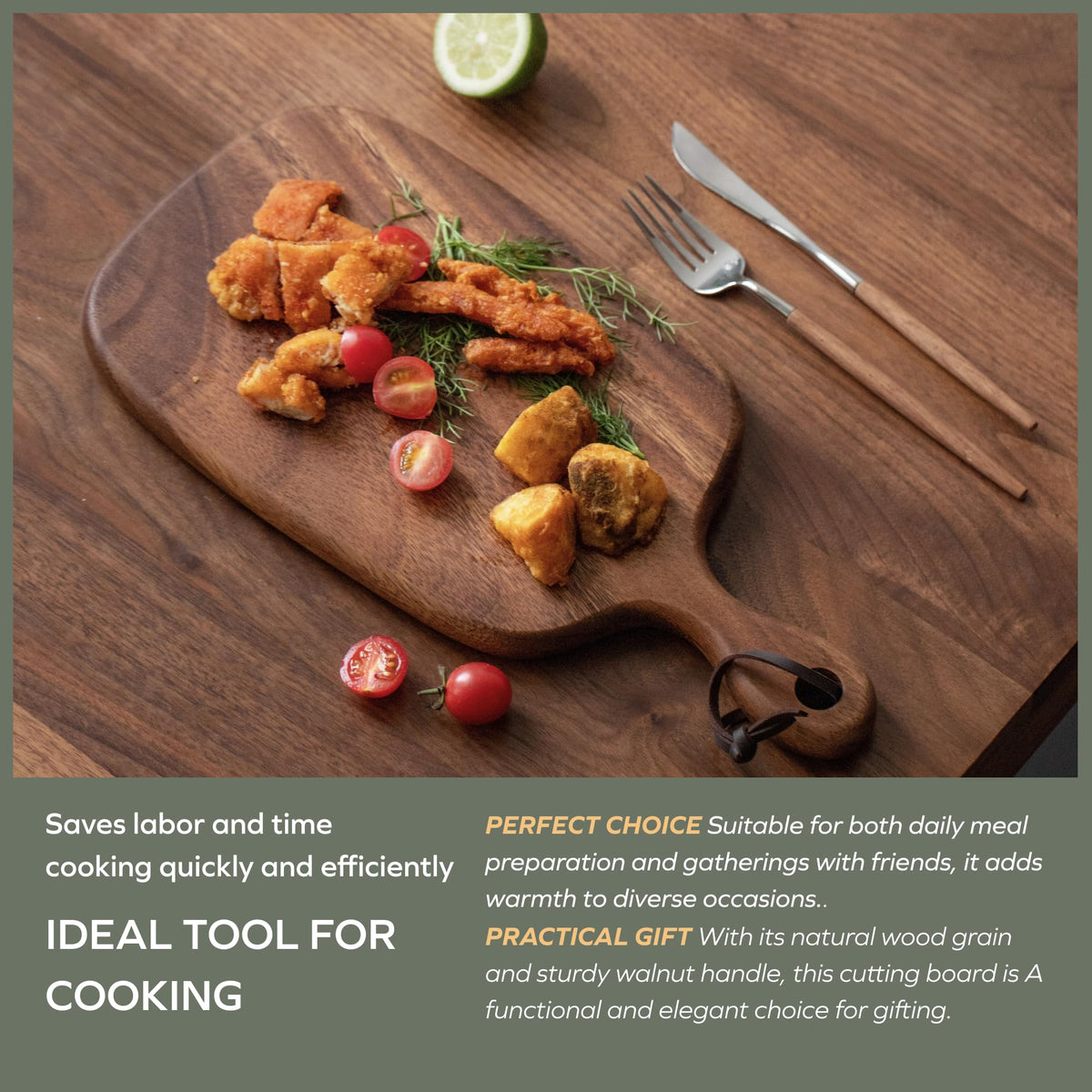 Muso Wood walnut cutting board close-up highlights smooth surface and natural grain.