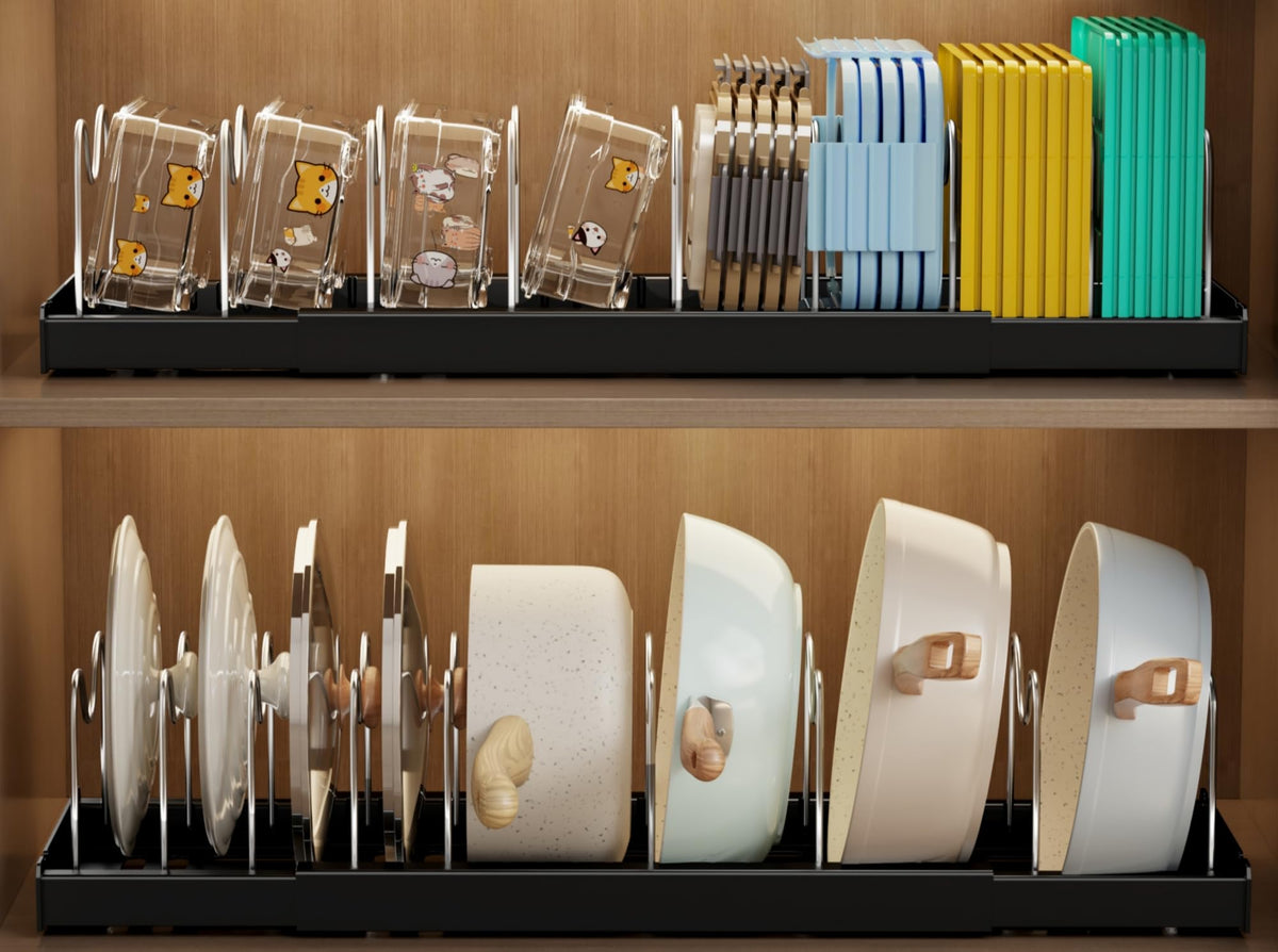 Mustorn 2-pack pots and pans organizer under cabinet keeps lids organized and accessible.
