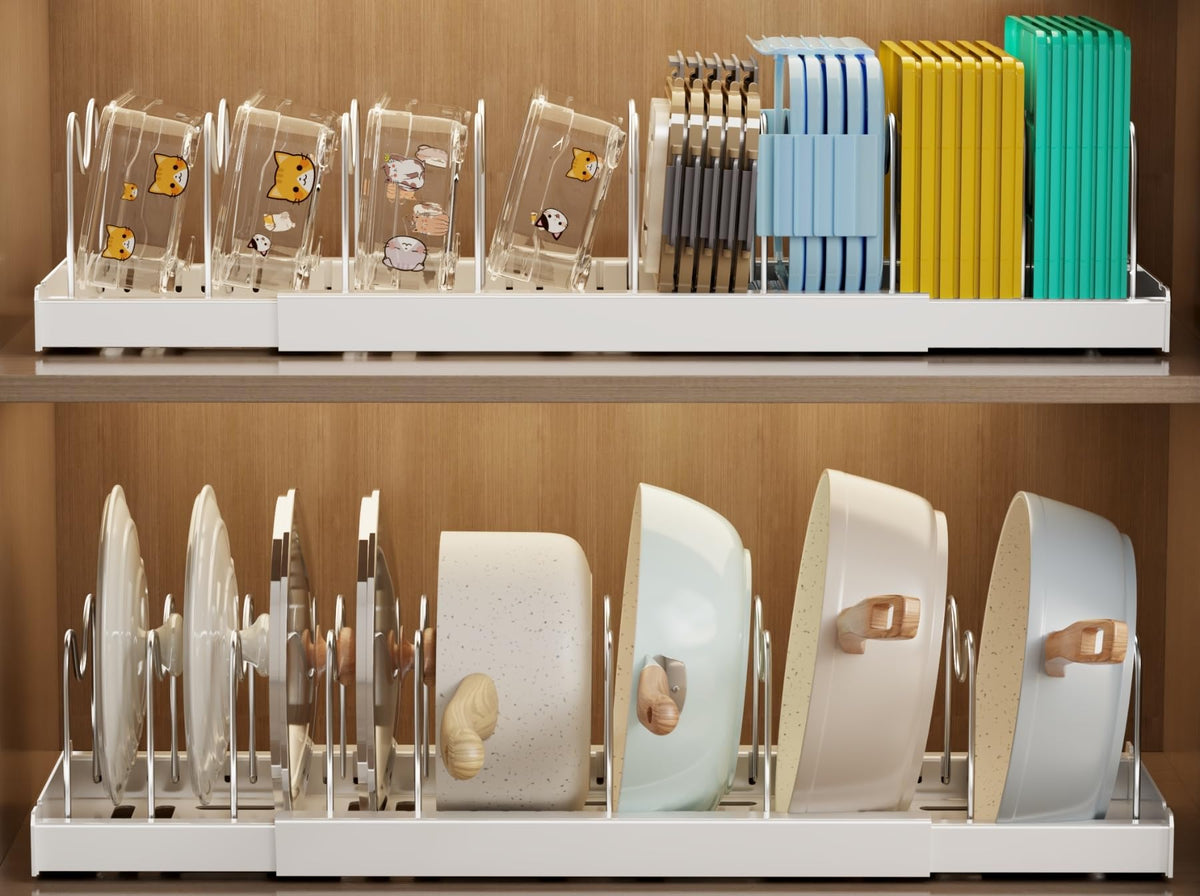 Mustorn 2-pack under-cabinet organizer keeps pot lids organized and accessible.