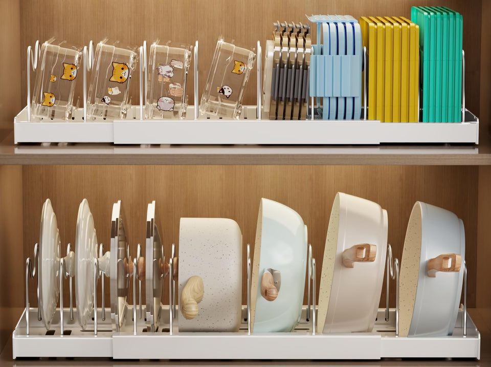 Mustorn 2-pack under-cabinet organizer keeps pot lids organized and accessible.