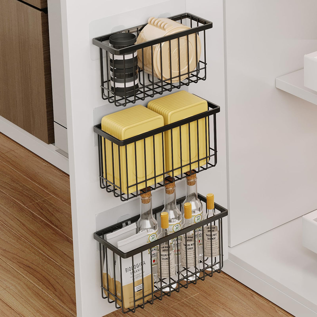 Mustorn 3-Pack cabinet door organizer on a cabinet keeps lids organized and accessible.
