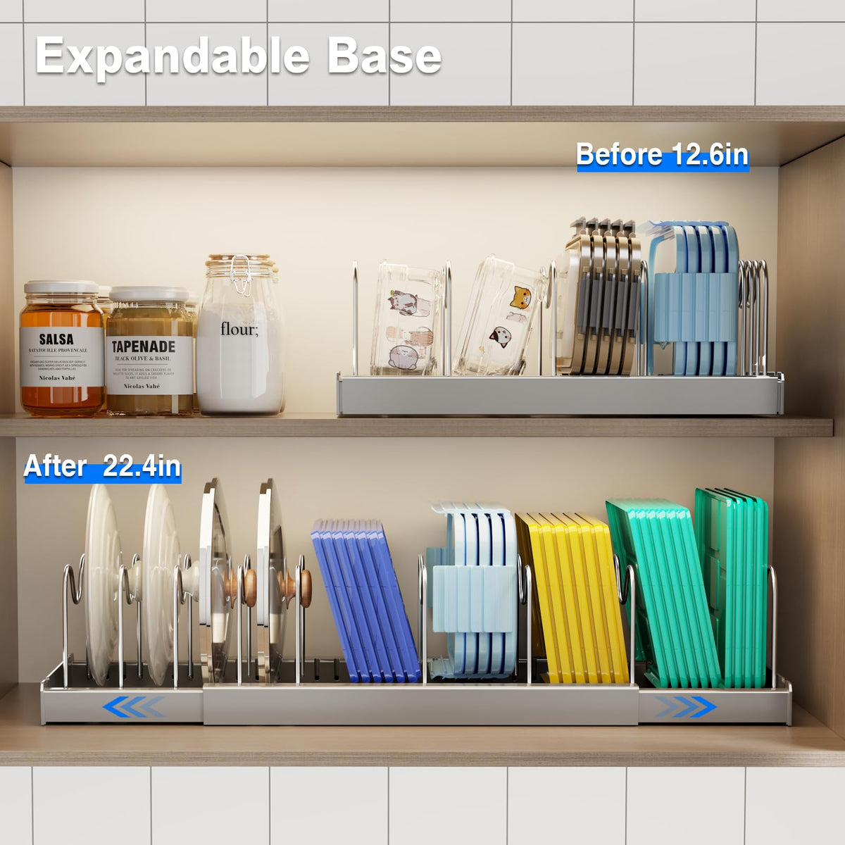 Mustorn expandable lid organizer reaches 22 inches for larger cabinets.