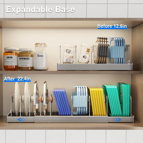 Mustorn expandable lid organizer reaches 22 inches for larger cabinets.